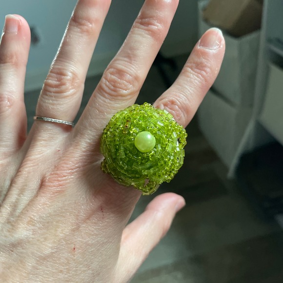 Handmade Beaded Flower Ring‎ Adjustable Boho Green Statement Ring Jewelry Y2K - Picture 3 of 5